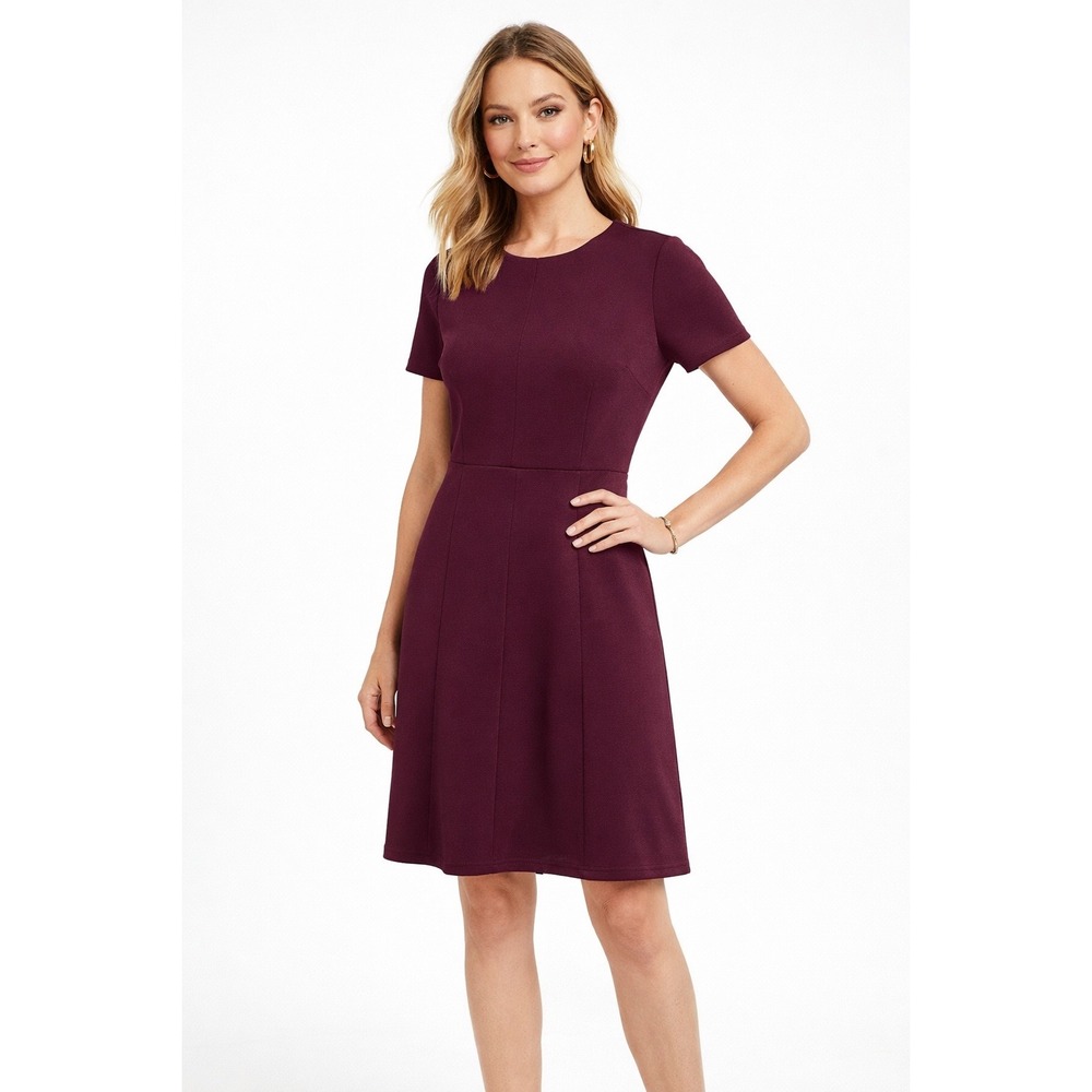 Ann Taylor Ponte Fit and Flare Dress 8 Burgundy Short Sleeve Professional Office
